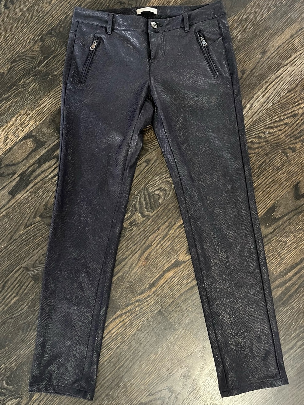 Promod Black Snakeskin Foil Low Rise Slim Straight Pants Zipper Pockets Size 4